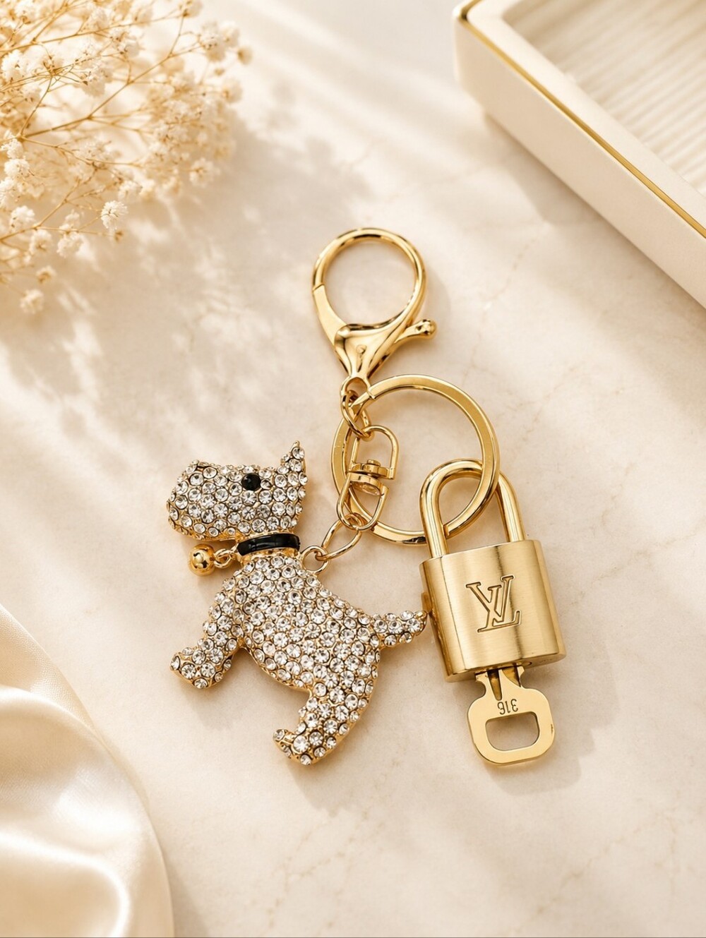 Authentic Louis Vuitton Gold Lock & Key 🔑 Bag Charm w/ Unbranded Dog Charm